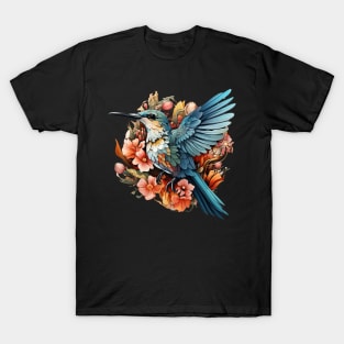 Hummingbird Colorful Floral Illustration T-Shirt